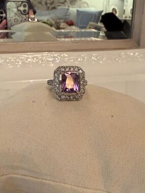 Sterling Silver Square Halo Ring with Purple Center Stone